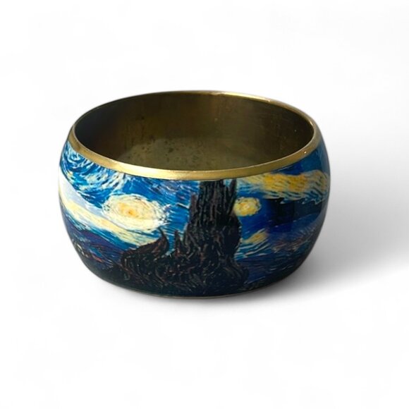 Rare Vintage Van Gogh Starry Night Gold Tone Metal Bangle Bracelet - Picture 9 of 9